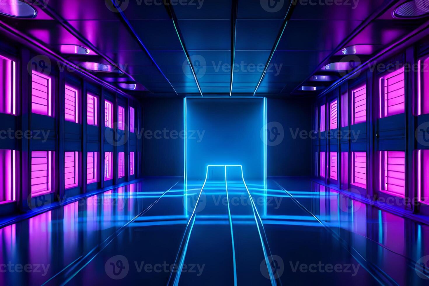 Abstract violet blue neon background. Dark empty room with glowing floor. photo