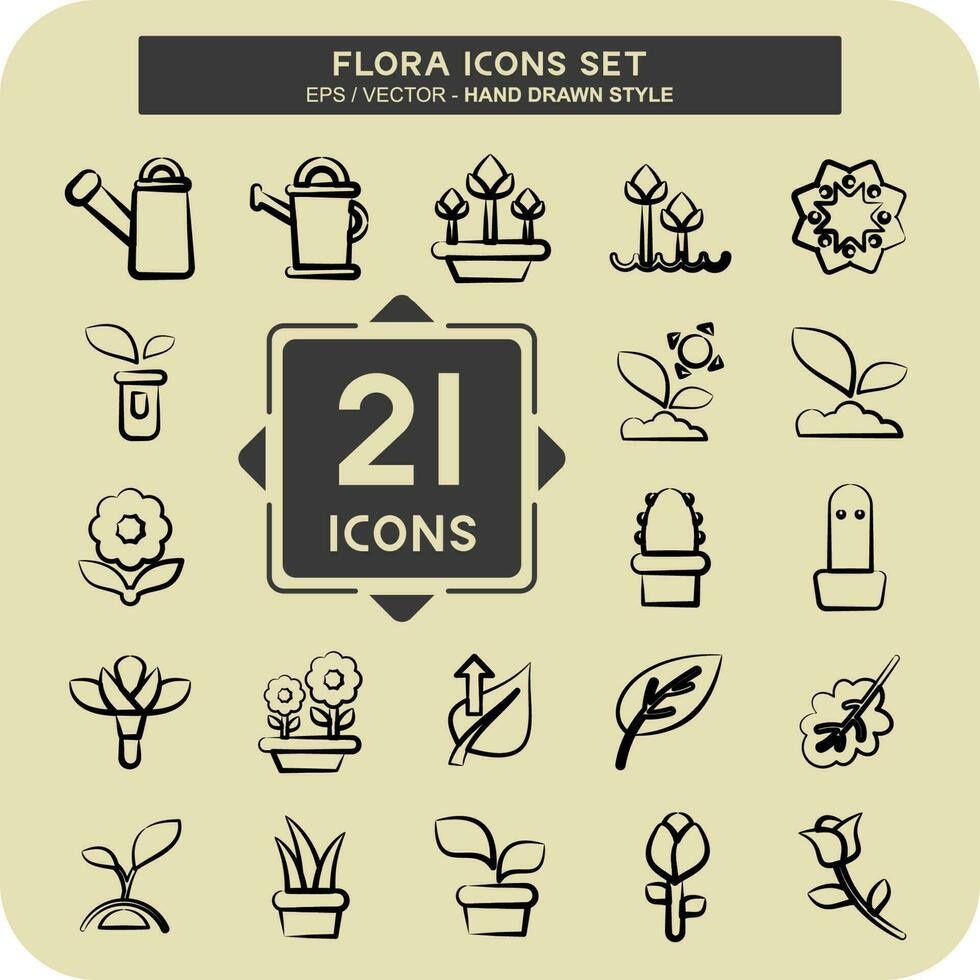 Icon Set Flora. related to Flora symbol. hand drawn style. simple illustration. plant. Oak. leaf. rose vector