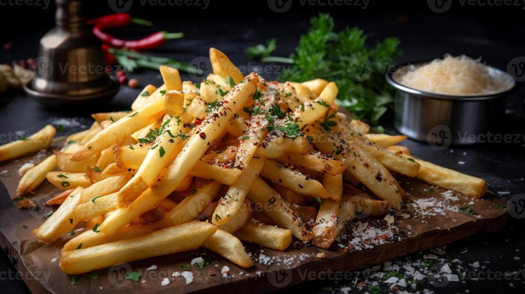 francés papas fritas con sal y chile Condimento, ai generativo foto