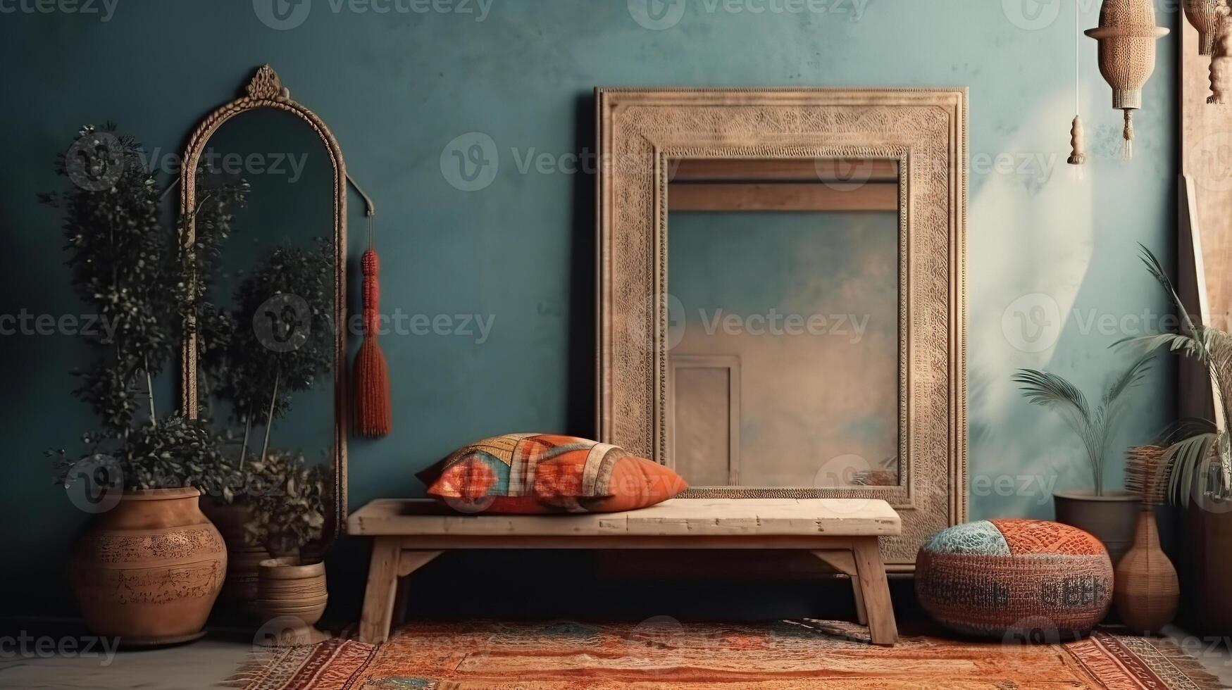 Mockup frame in nomadic boho interior background with rustic decor. photo