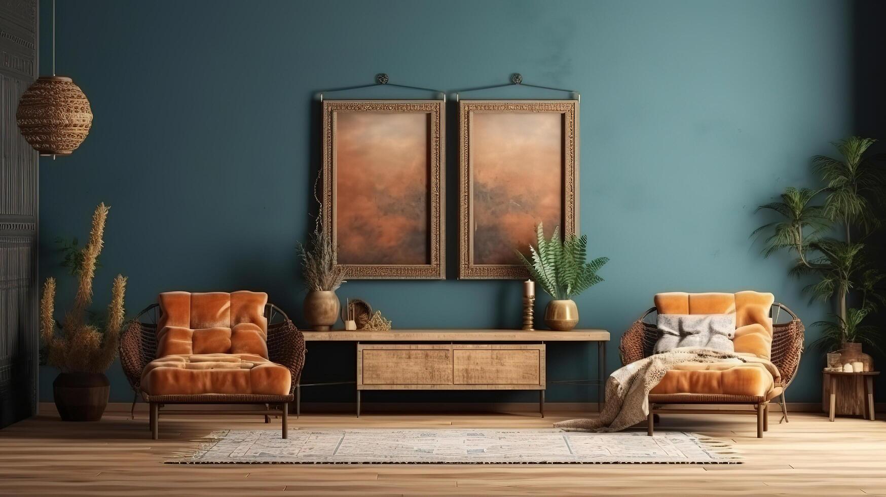 Frame mockup in rustic villa bathroom interior background. photo
