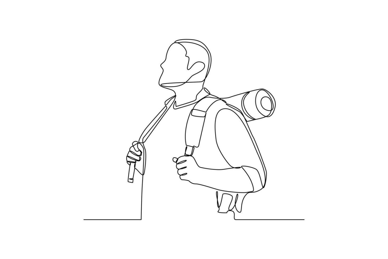 Single one line drawing happy boy with vacation costume and bag. Summer beach concept. Continuous line draw design graphic vector illustration.