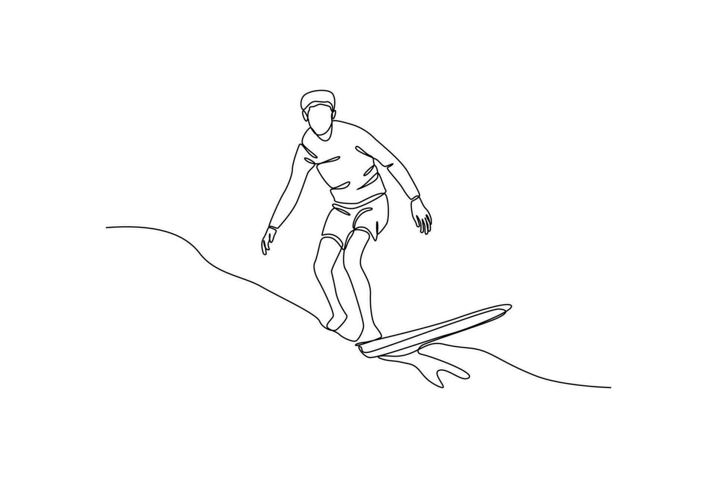 Single one line drawing happy boy playing surf on the beach in summer holiday. Summer beach concept. Continuous line draw design graphic vector illustration.