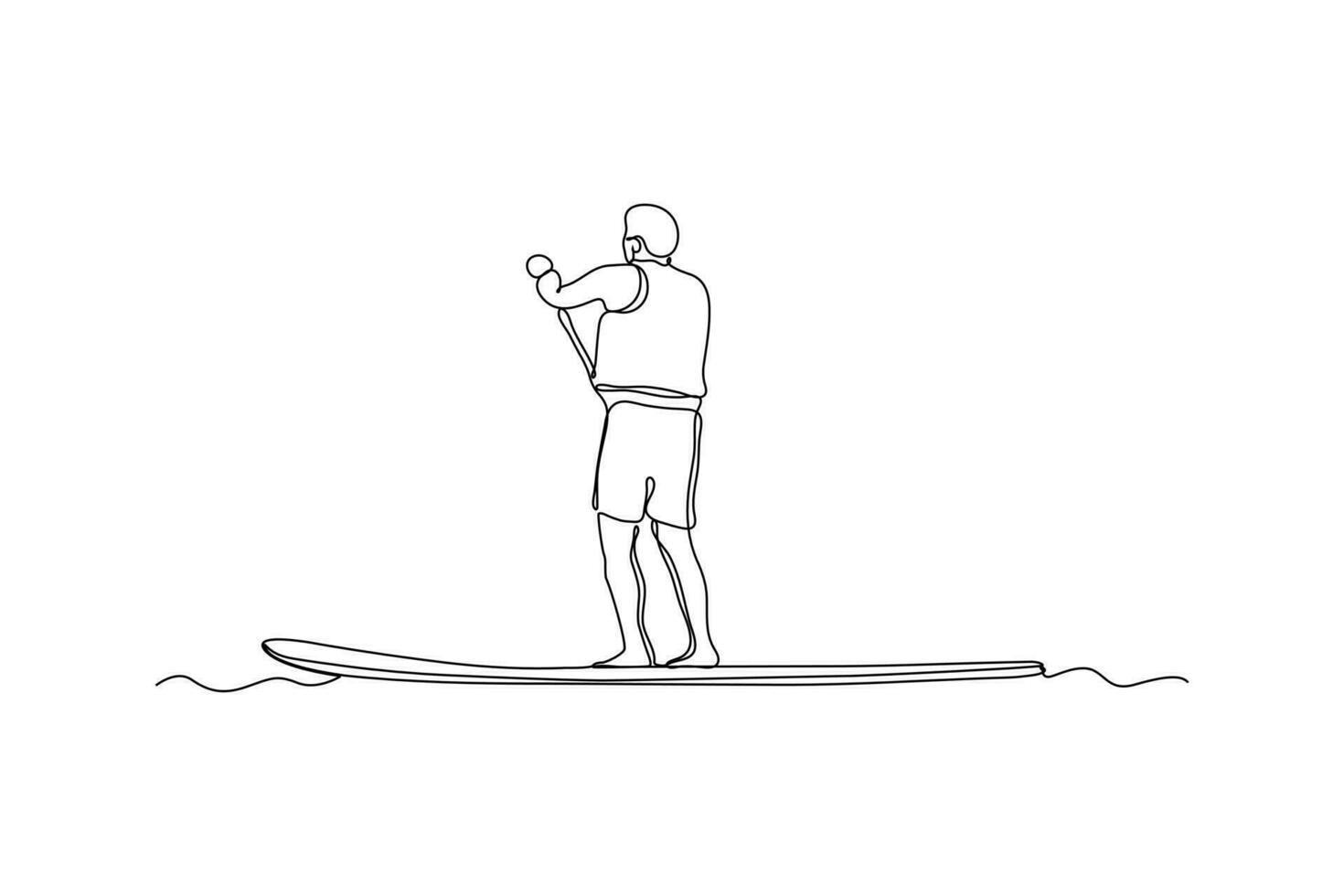 Single one line drawing happy boy paddle boarding. Summer beach concept. Continuous line draw design graphic vector illustration.