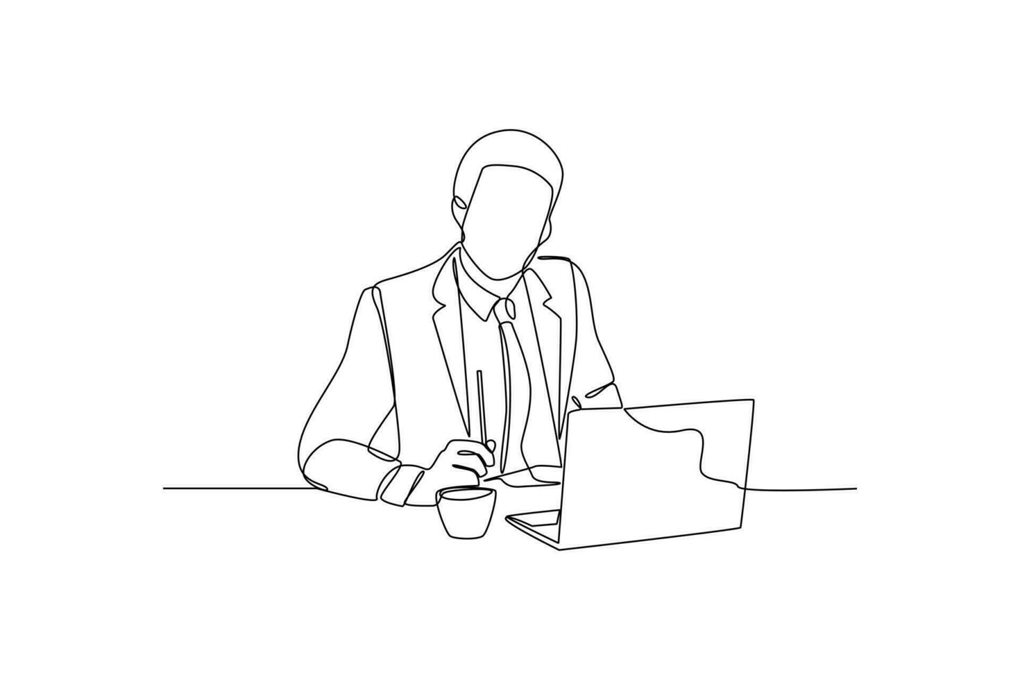 Continuous one line drawing businessman working in front of the laptop. Business activities concept. Single line draw design vector graphic illustration.