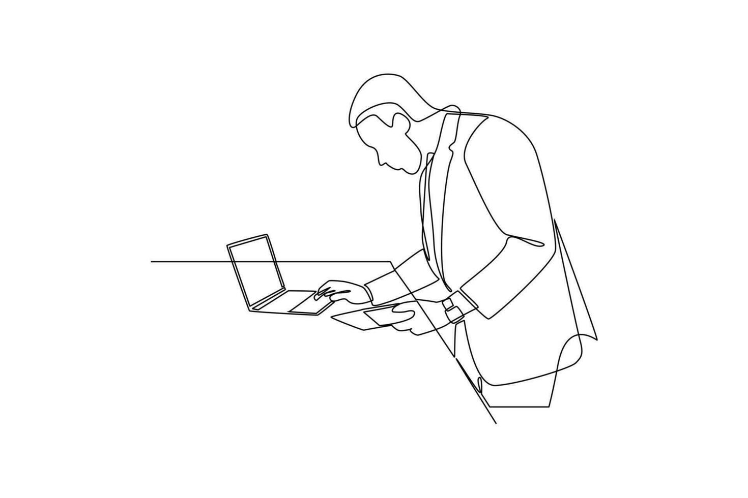 Continuous one line drawing businessman working in front of the laptop. Business activities concept. Single line draw design vector graphic illustration.