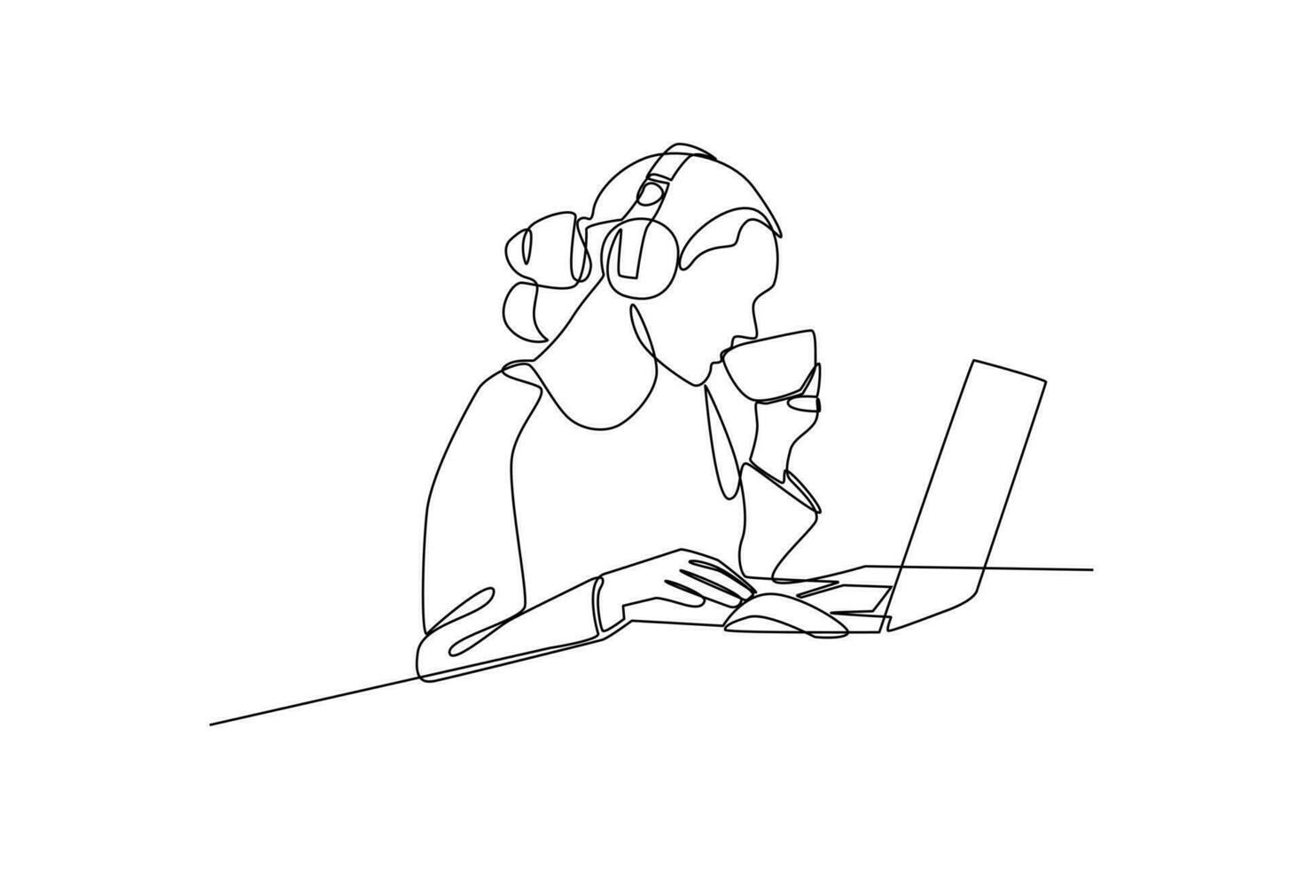 Continuous one line drawing happy woman drinking coffee while working in front of laptop. Business activities concept. Single line draw design vector graphic illustration.