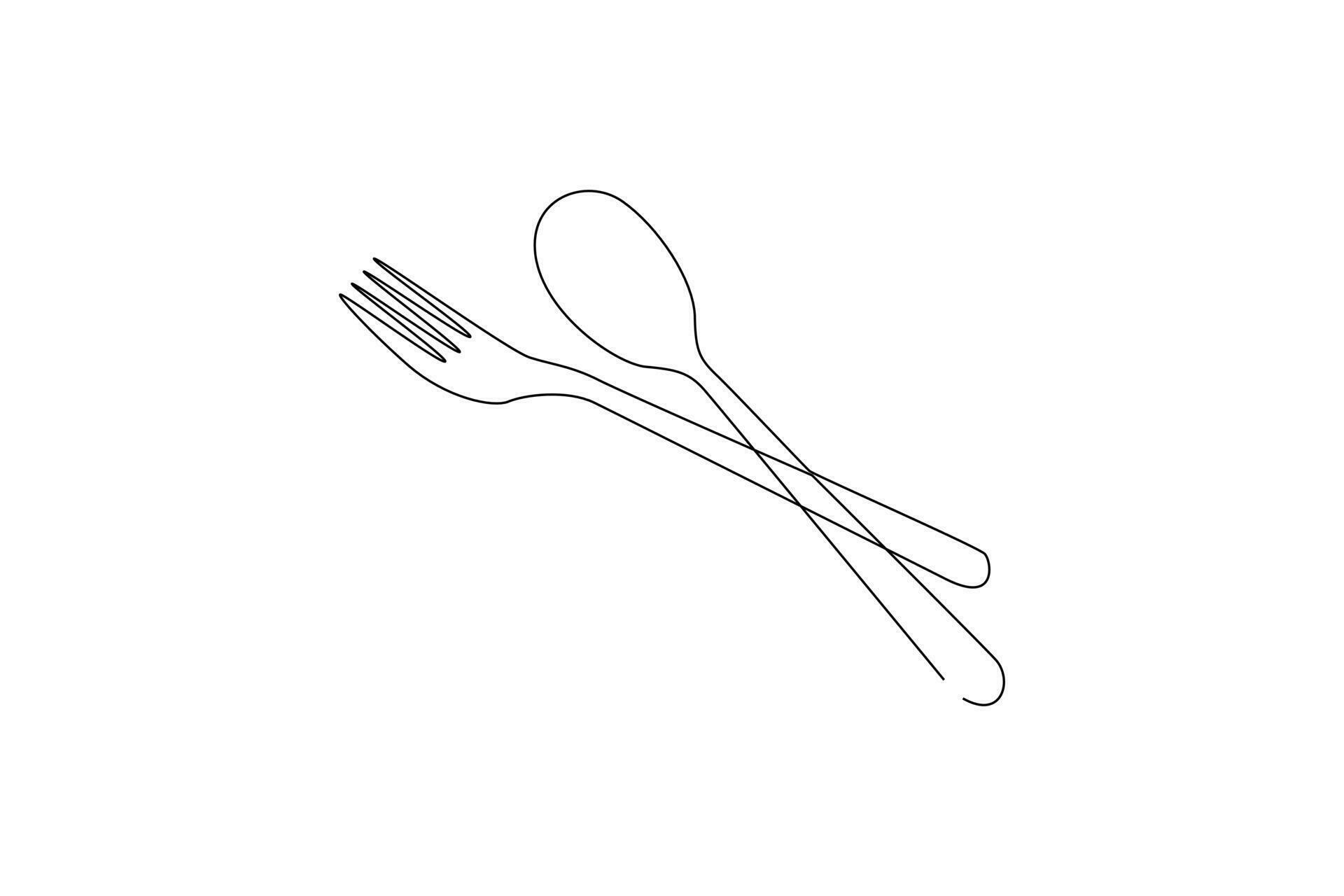 Single one line drawing spoon and fork. Tableware concept. Continuous