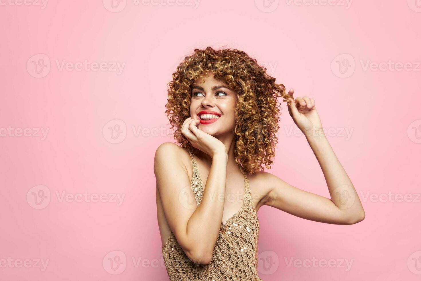 Female Happy holidays smile curls portrait sequin shirt pink photo