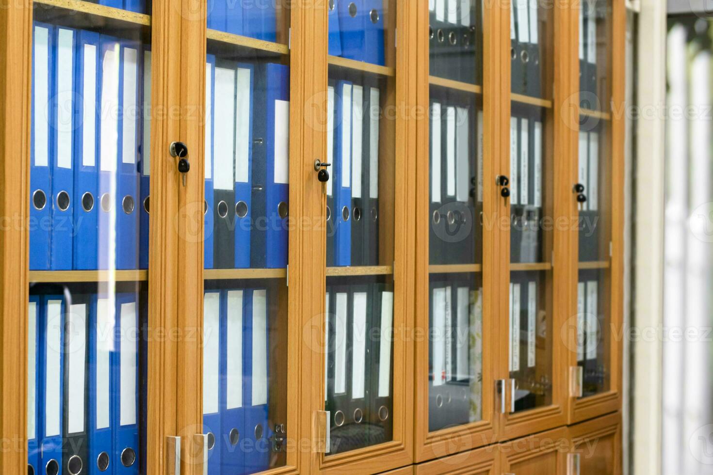 Wooden and glass office binders cabinet that hold a large number of binders in an office to keep and store the data of the company, soft and selective focus on document binders. photo