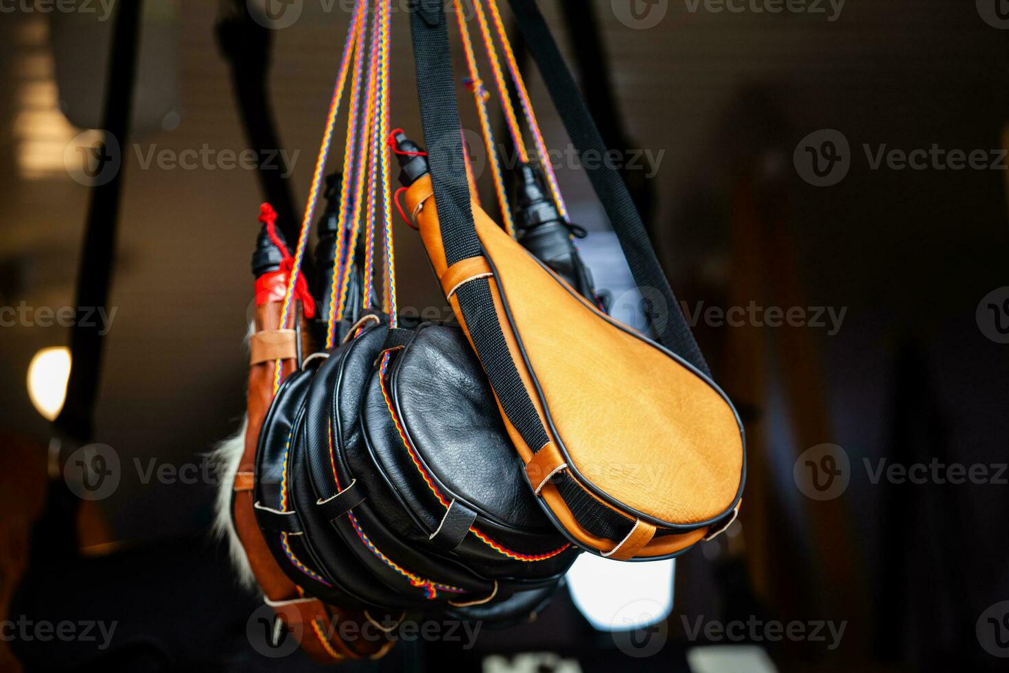 Traditional handcrafted wineskin boots in Salento an small town of the region of Quindio in Colombia photo