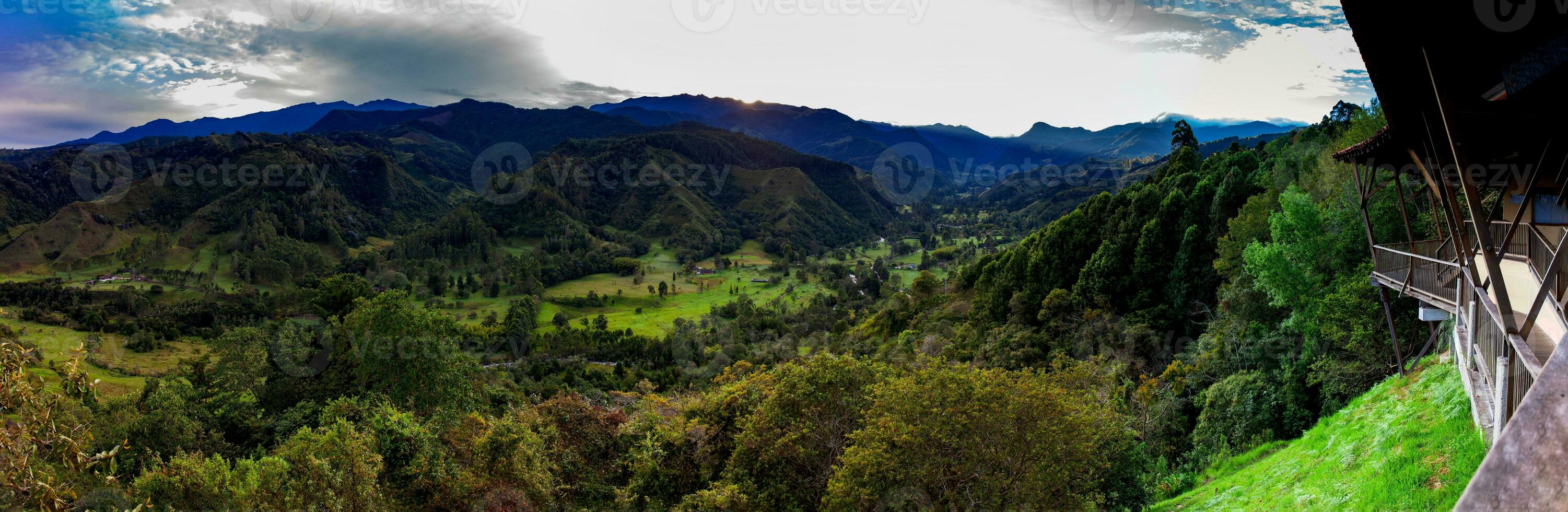 Panorama of the beautiful view over the Cocora Valley in Salento, from El Mirador, located on the region of Quindio in Colombia photo