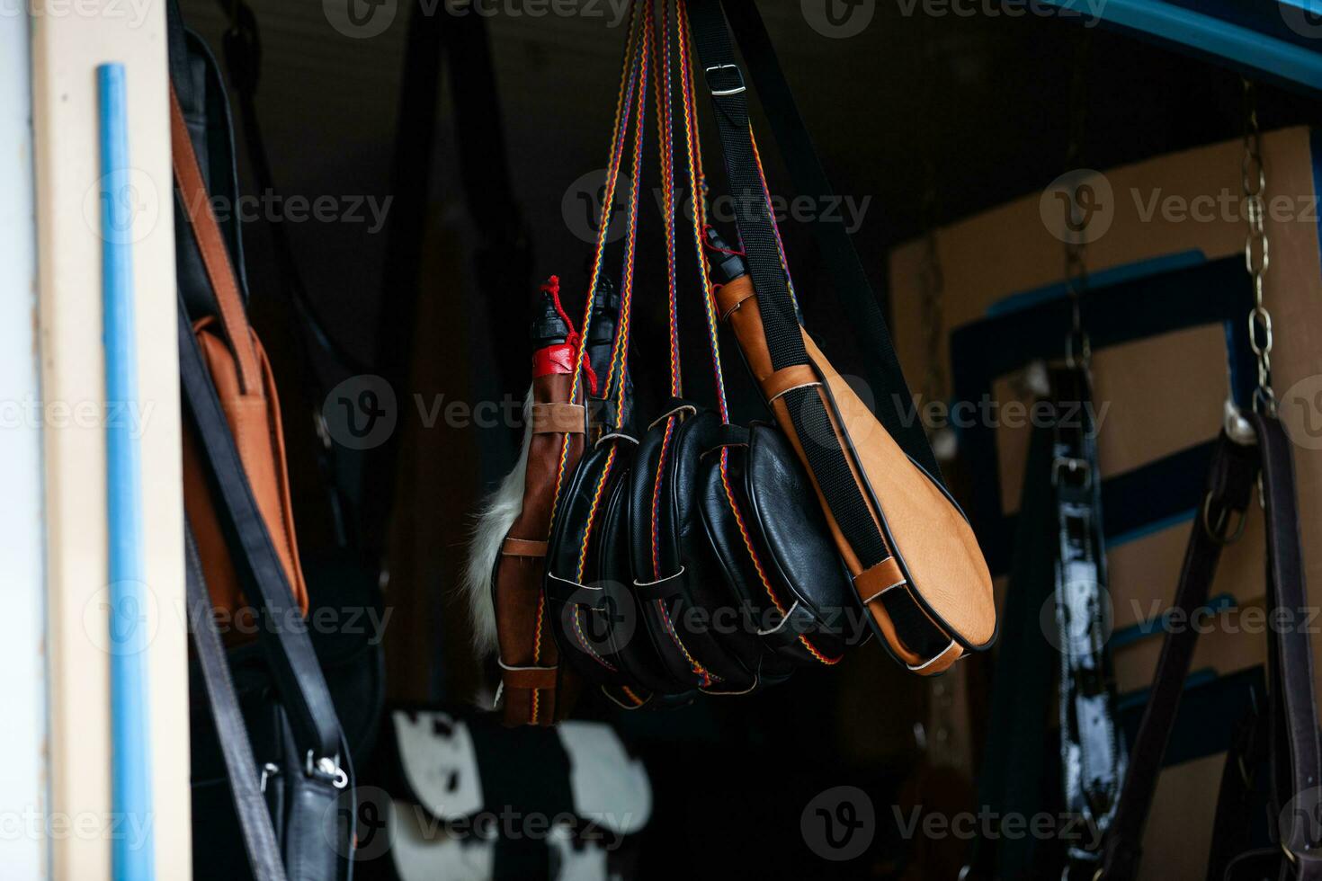 Traditional handcrafted wineskin boots in Salento an small town of the region of Quindio in Colombia photo