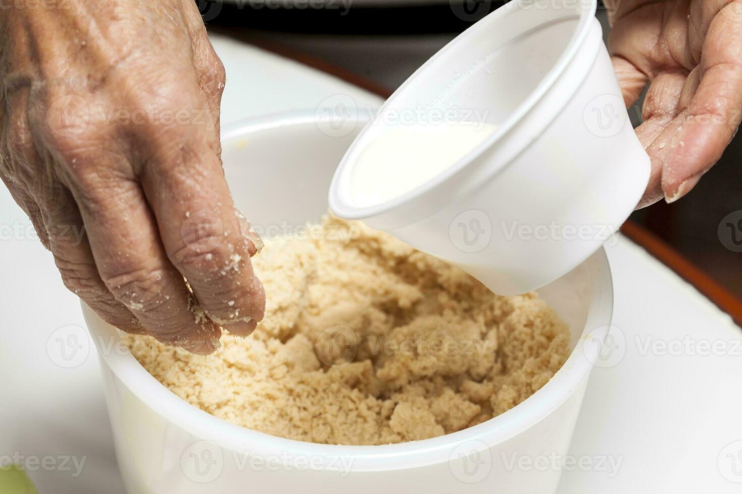 Adding milk to dough photo