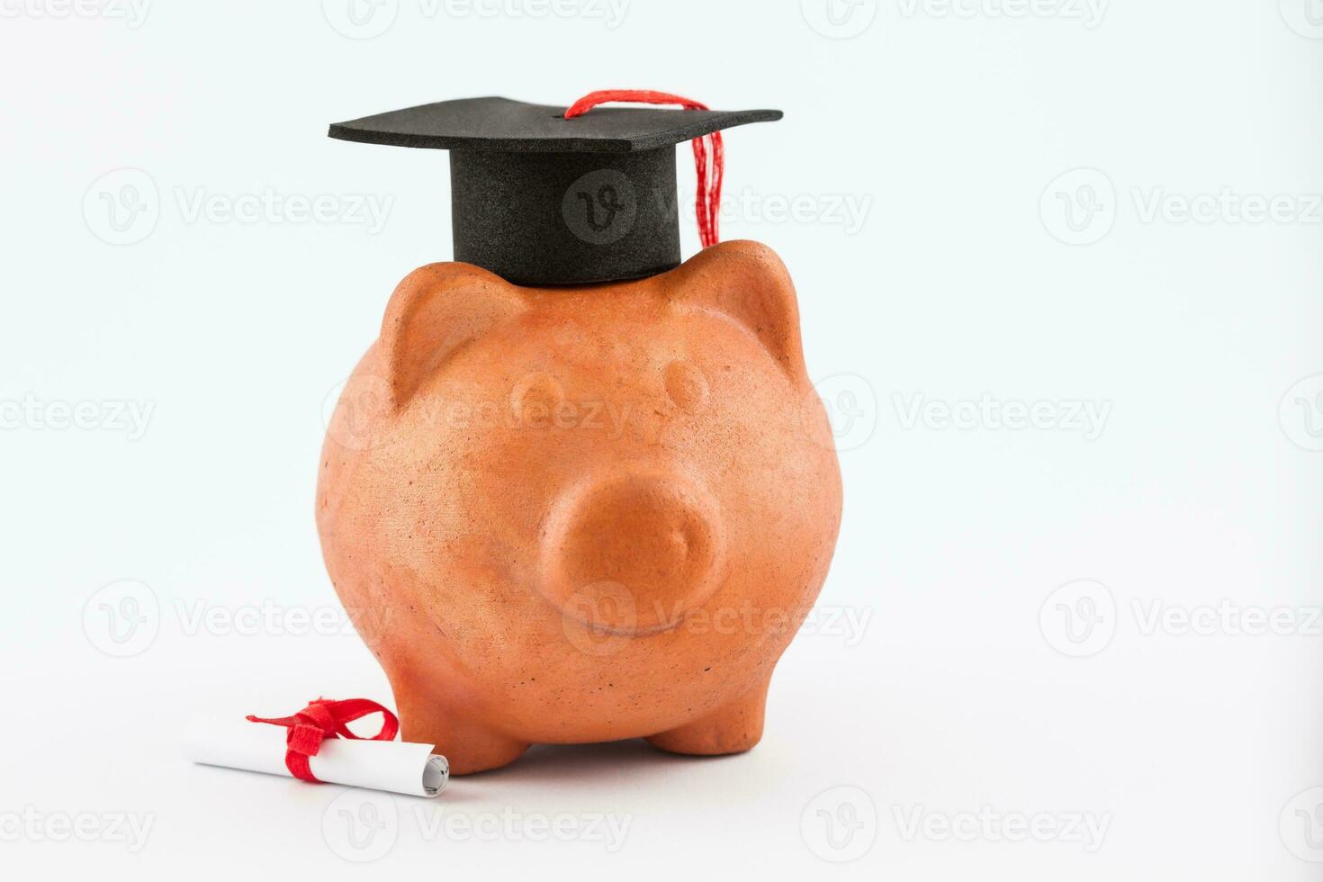 cerdito banco con graduación gorra aislado en blanco antecedentes. ahorro dinero a estudiar concepto foto