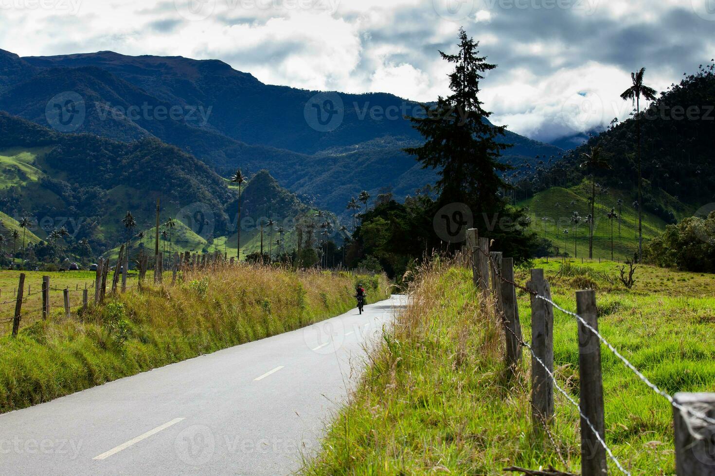 SALENTO, COLOMBIA - JULY 2021. Woman riding her bike on the beautiful landscapes of the Cocora Valley located at the Quindio region in Colombia photo