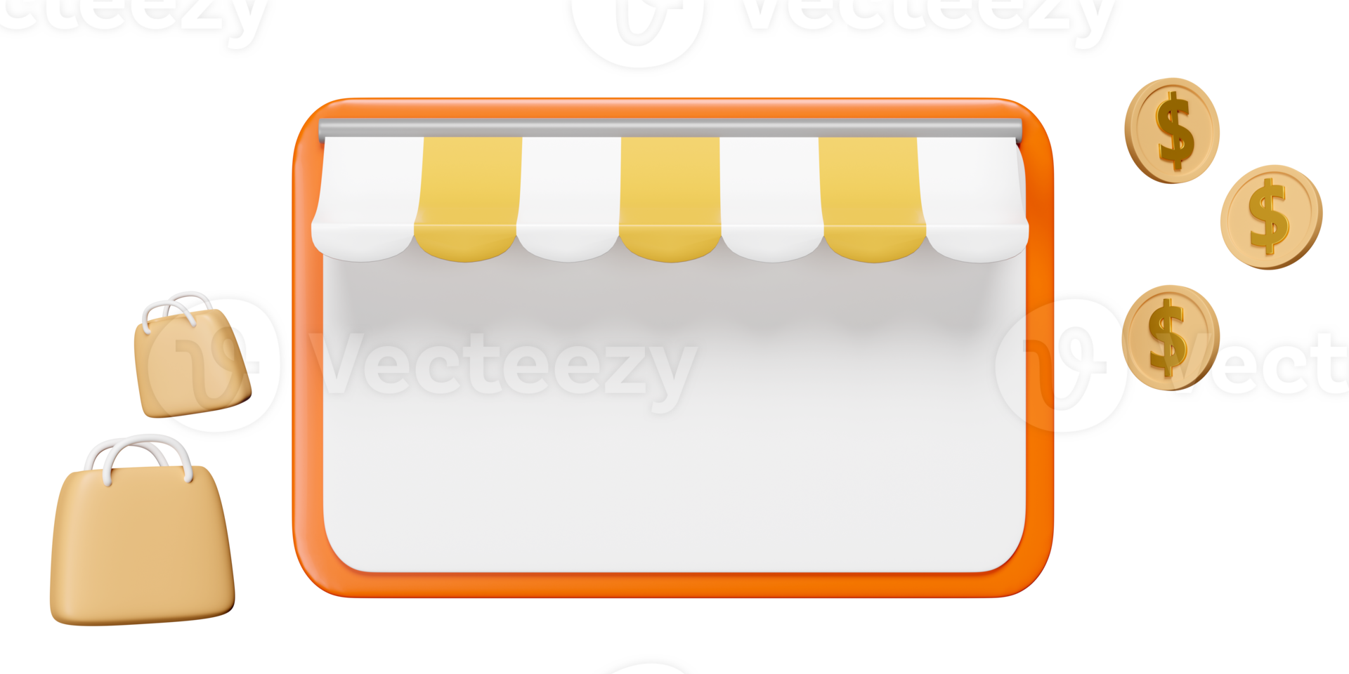 3d orange mobile phone, smartphone with store front,  paper bags, coins isolated. online shopping, minimal concept, 3d render illustration png