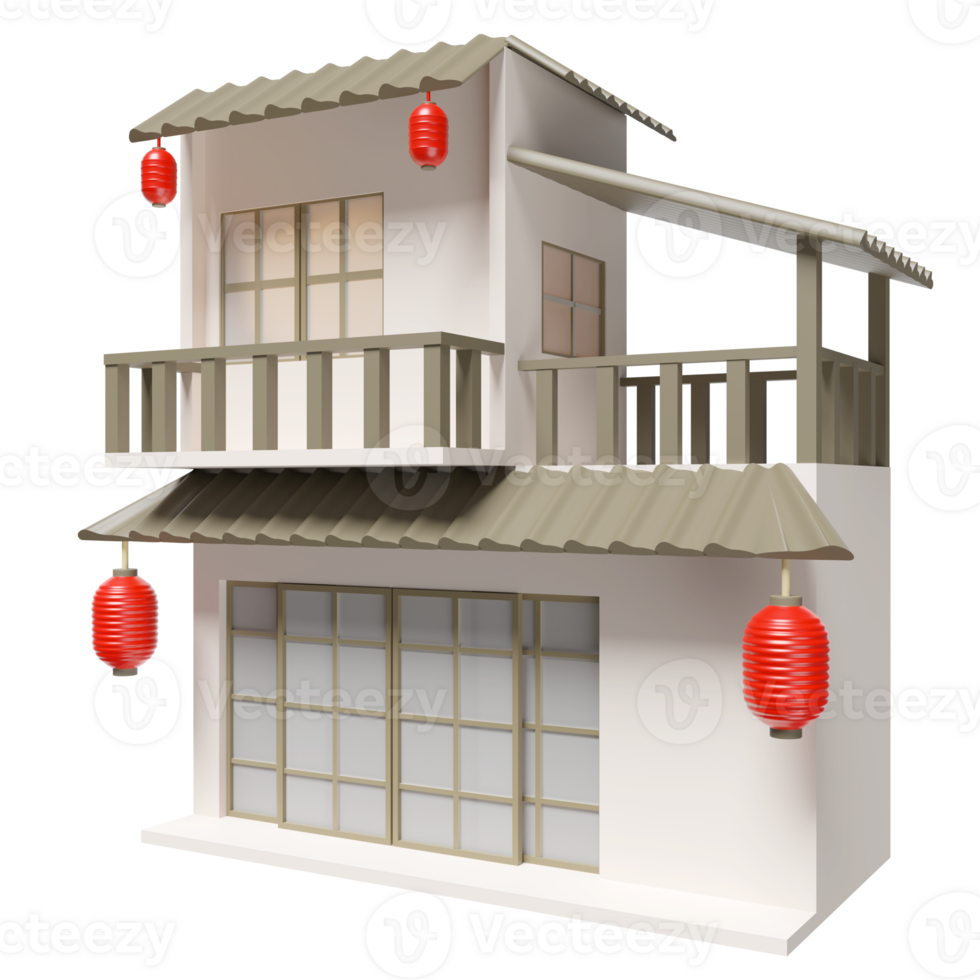 3d Japanese style two storey detached house icon isolated. real estate trading, quality guarantee concept, 3d render illustration png