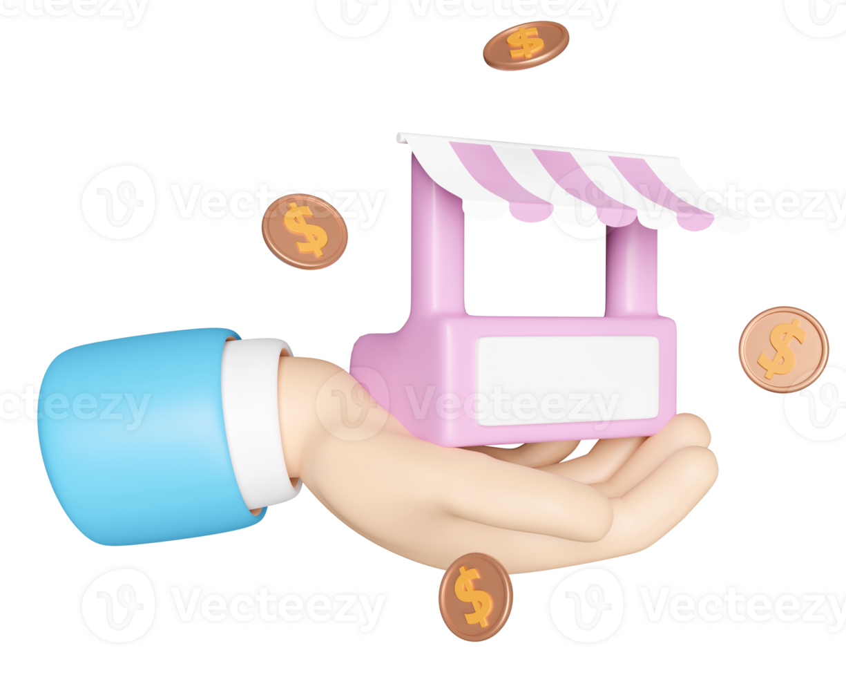 cartoon hands holding store front, coins isolated. Startup franchise business or loan approval concept, 3d render illustration png