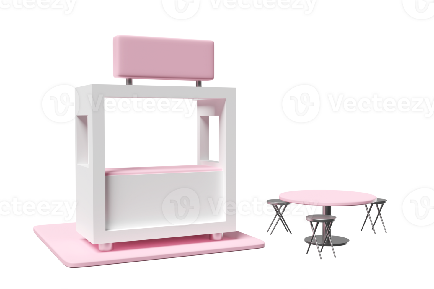 3d pink white booth shop icon or empty retail store front with shop sign, chair, table isolated. startup franchise business concept, 3d render illustration png