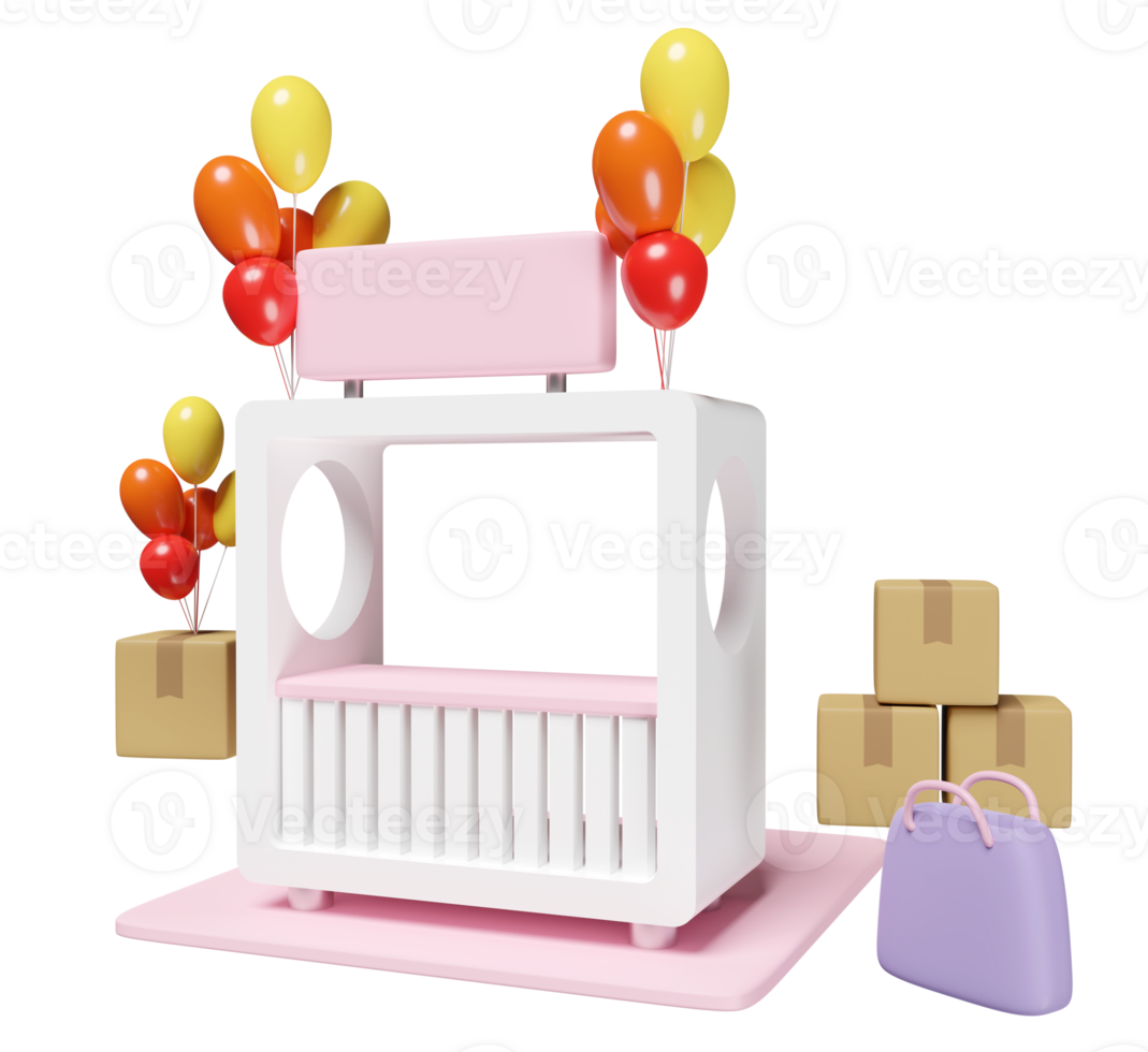 store front with goods cardboard box, balloon, paper bags, isolated. Startup franchise business or loan approval concept, 3d render illustration png