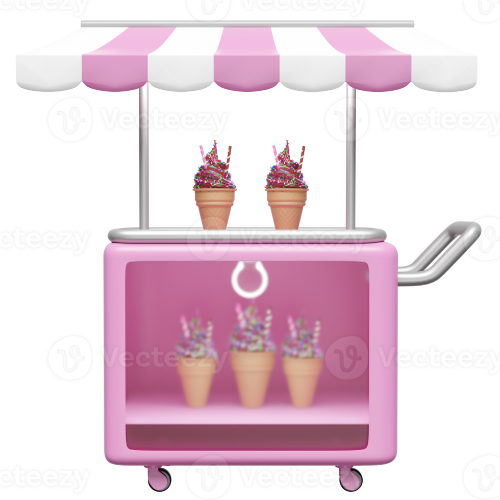 Ice cream cart shop store with ice cream showcases or fridge isolated. 3d render illustration png
