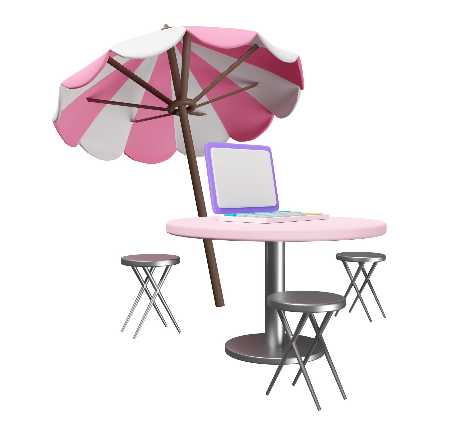 3d round table with lawn chair, laptop computer, umbrella isolated