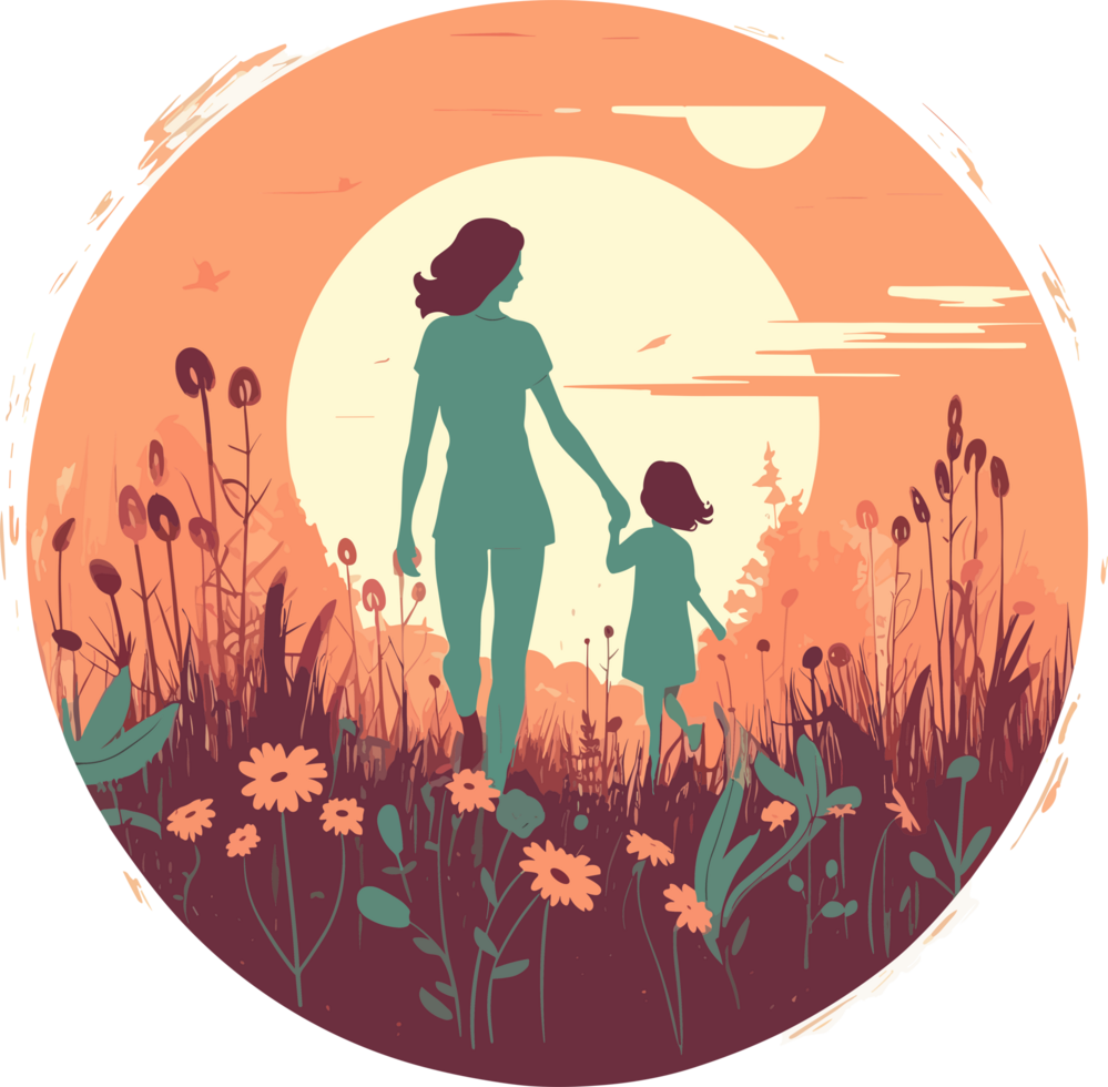 Illustration of mother and her daughter are holding hands in the park png