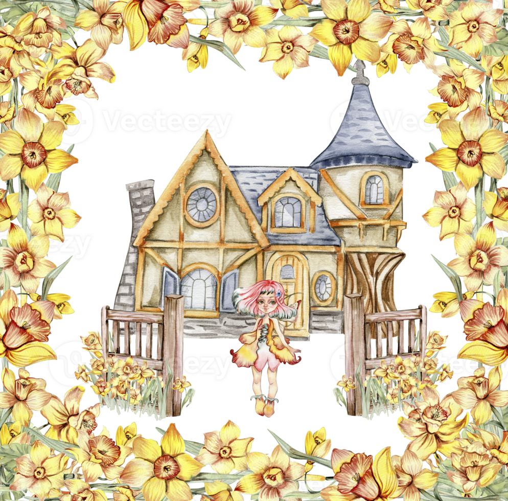 Watercolor farm composition with flowers. House in cartoon style. Hand drawn illustration of summer.Perfect for scrapbooking, kids design, wedding invitation,posters, greetings cards,party decoration. png