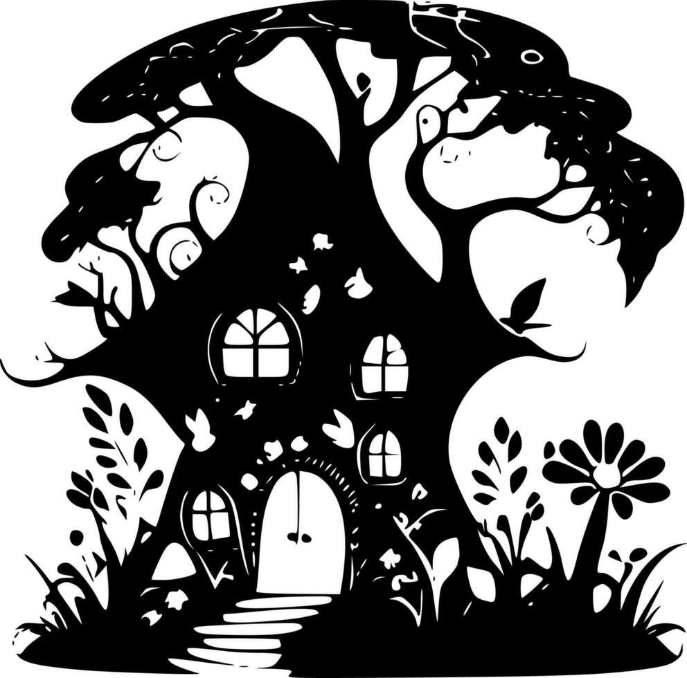 Fairy House - Black and White Isolated Icon - Vector illustration