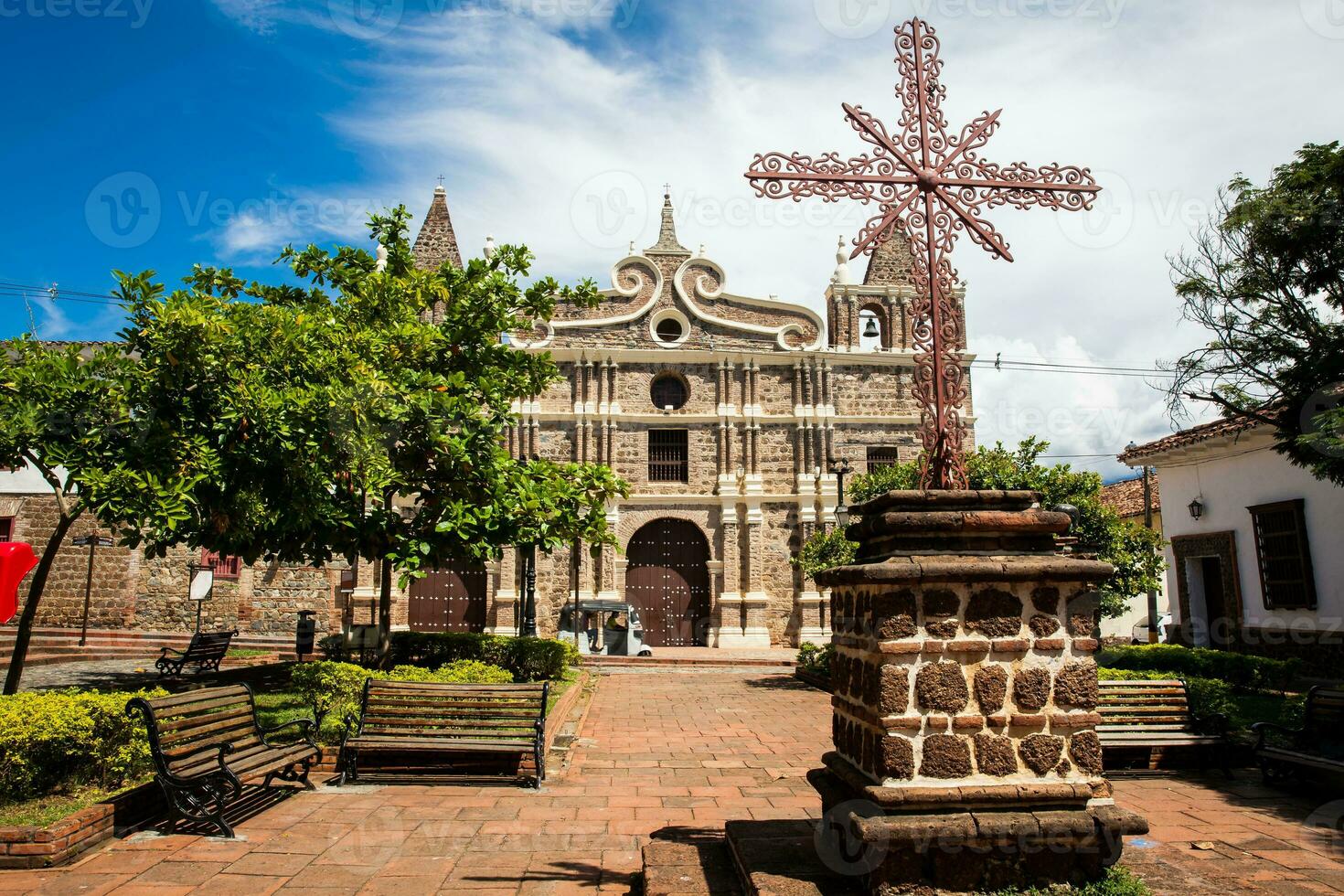 Historical Santa Barbara church built in 1726 at the beautiful colonial town of Santa Fe de Antioquia in Colombia photo