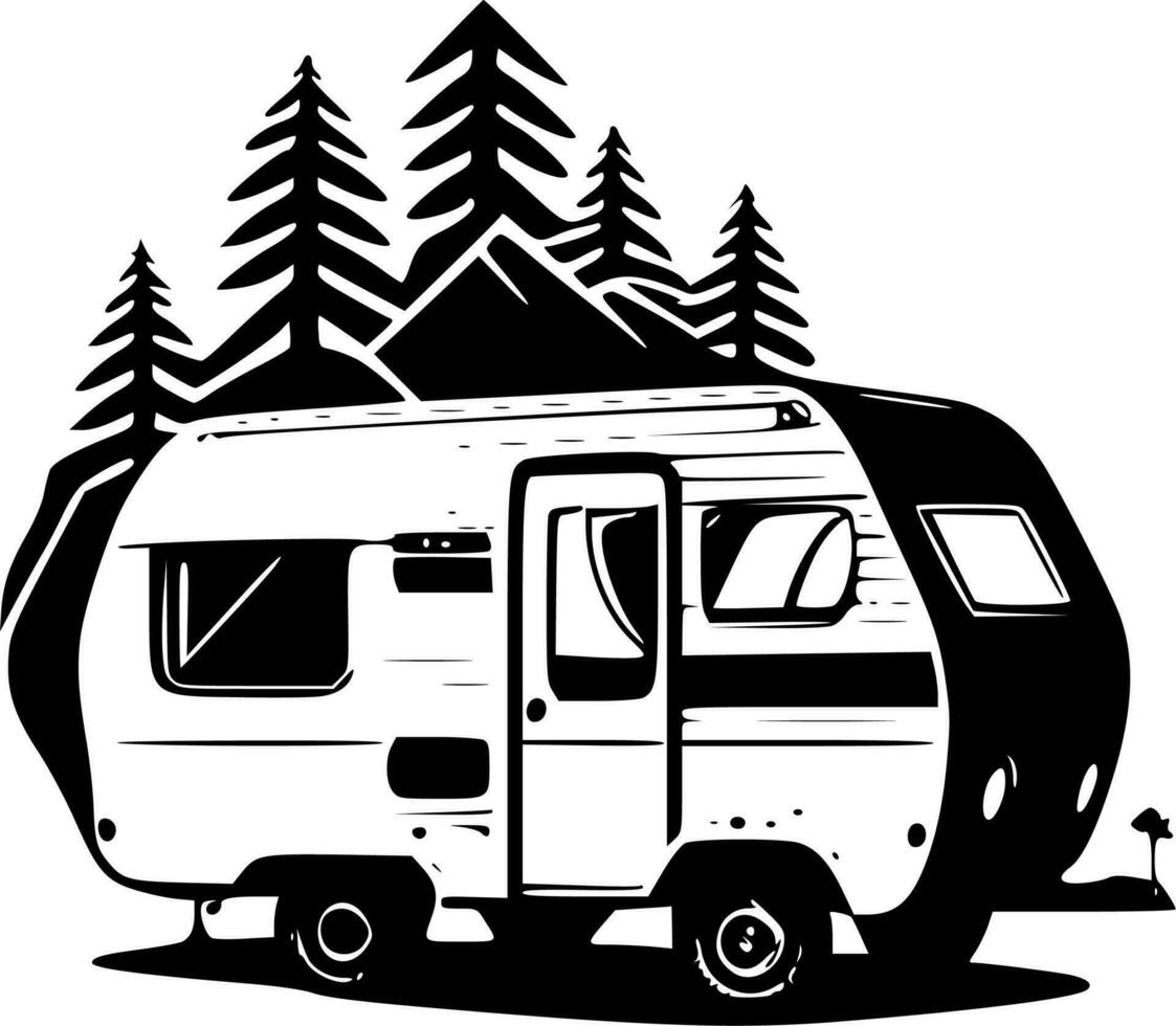 Camper - Black and White Isolated Icon - Vector illustration