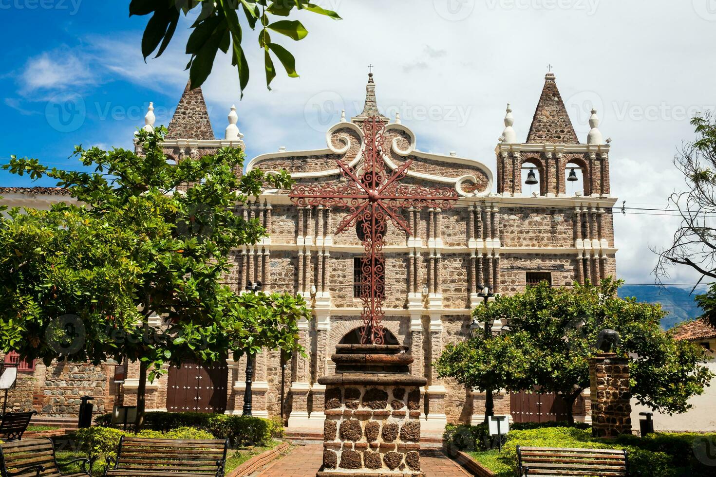 Historical Santa Barbara church built in 1726 at the beautiful colonial town of Santa Fe de Antioquia in Colombia photo