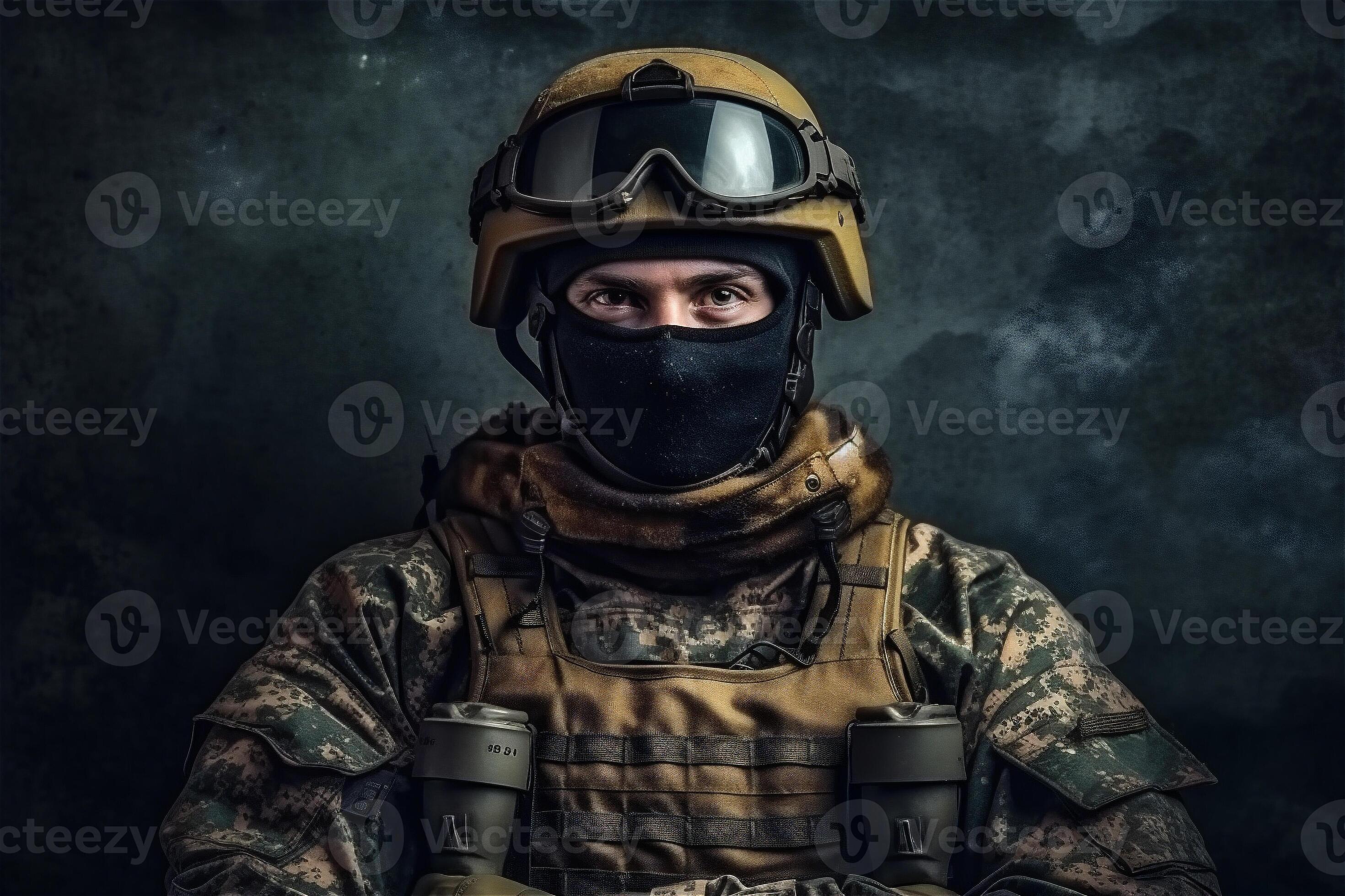 Portrait of military man. Soldier on background. Special forces
