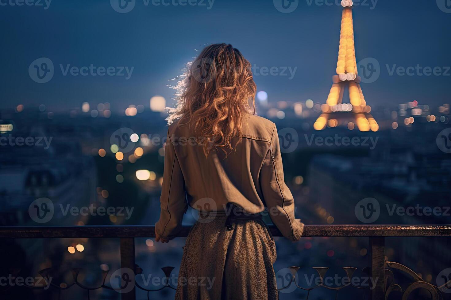 Once in Paris. Back of woman in night against Eiffel tower. . photo