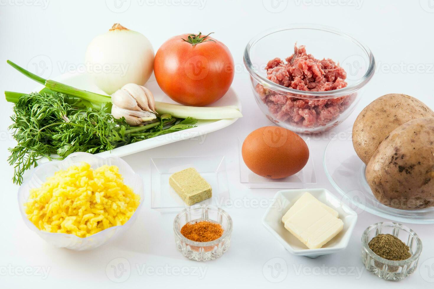 Preparation steps of traditional Colombian dish called stuffed potatoes. Ingredients to prepare Colombian stuffed potatoes photo