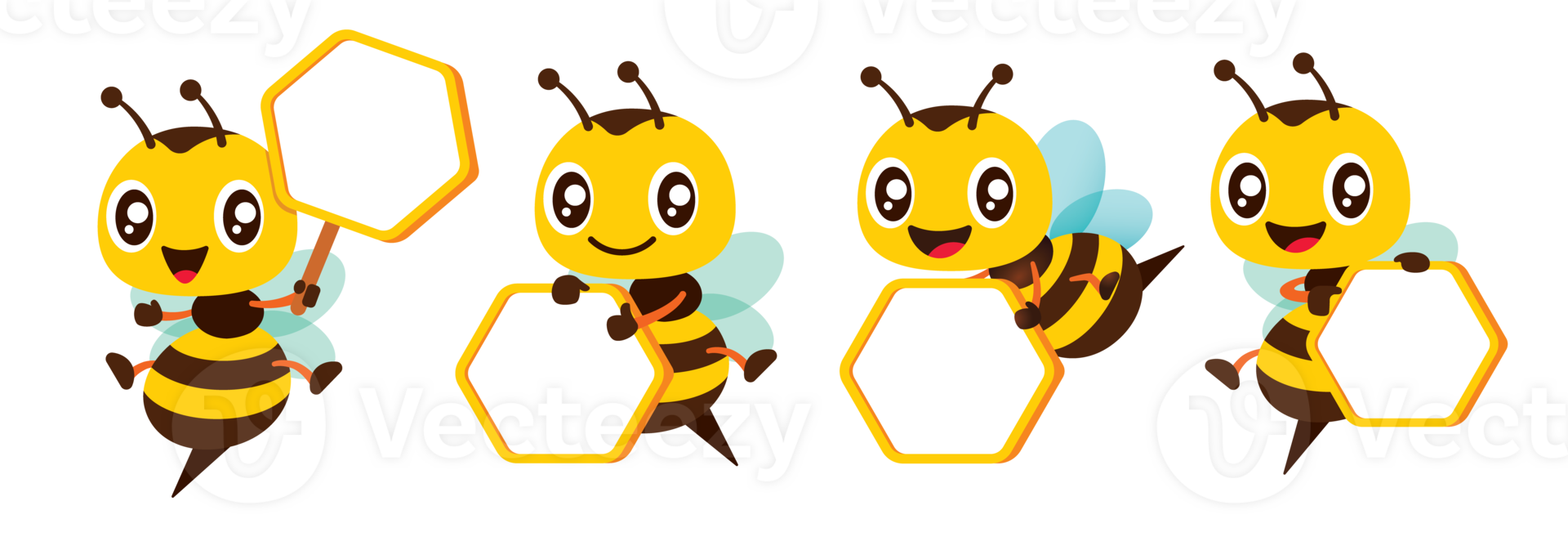 Set of cartoon happy bee character holding empty honeycomb shaped signboard. Protect the environment concept flat design png