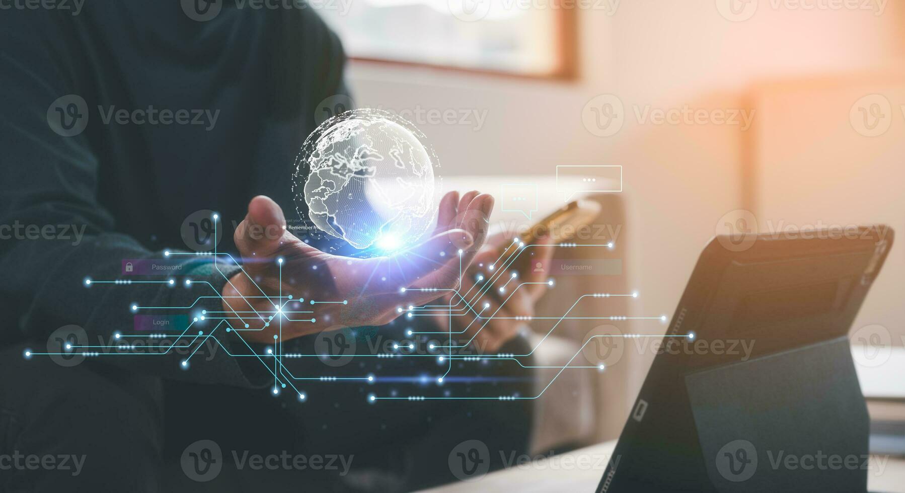 social online internet network technology concept, man holding virtual glob and icons, chatting online email communication on website application platform, network security photo
