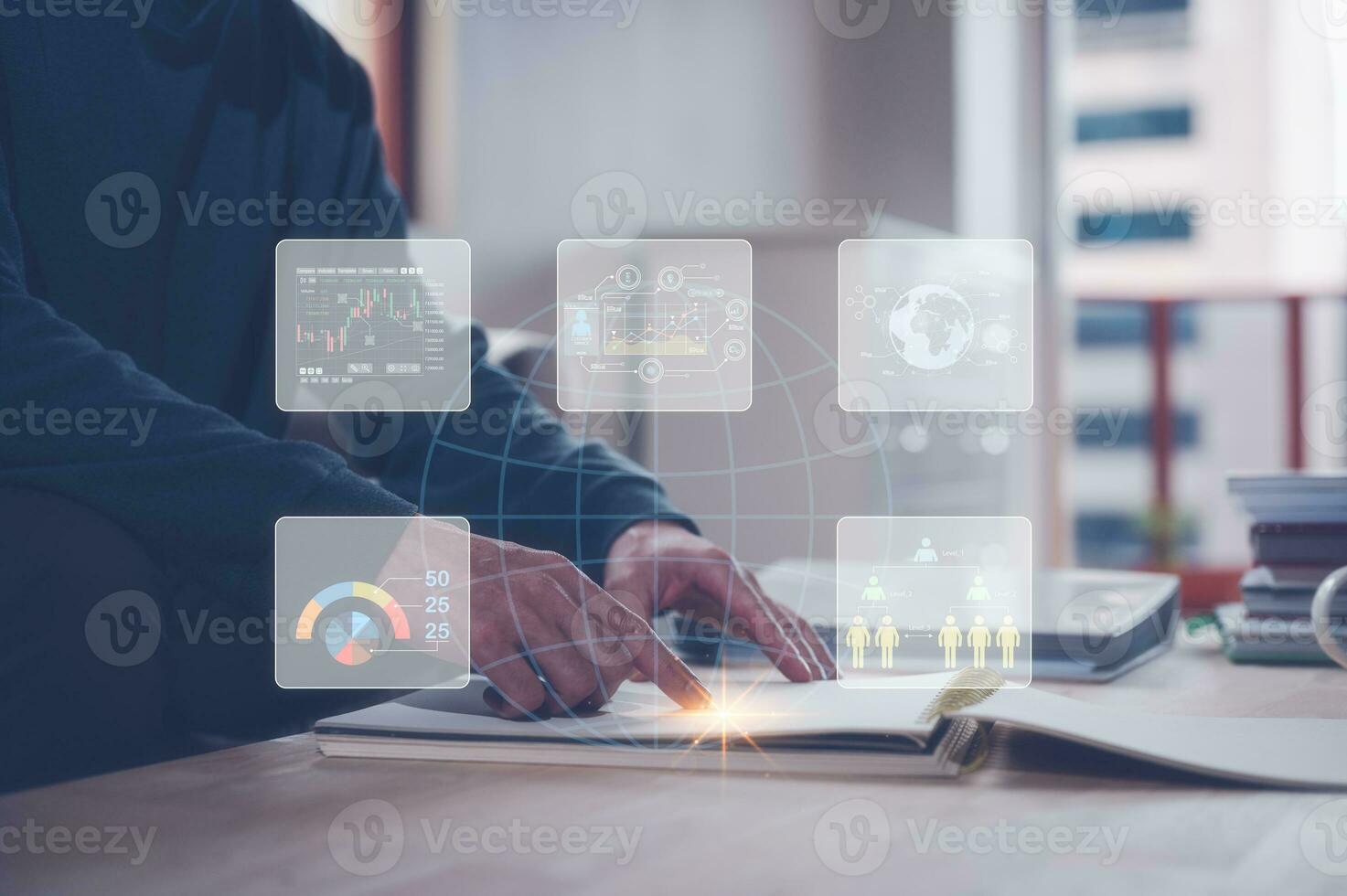 business planning concept, businessman working with white paper report with business charts icon, strategy team work in organisation photo