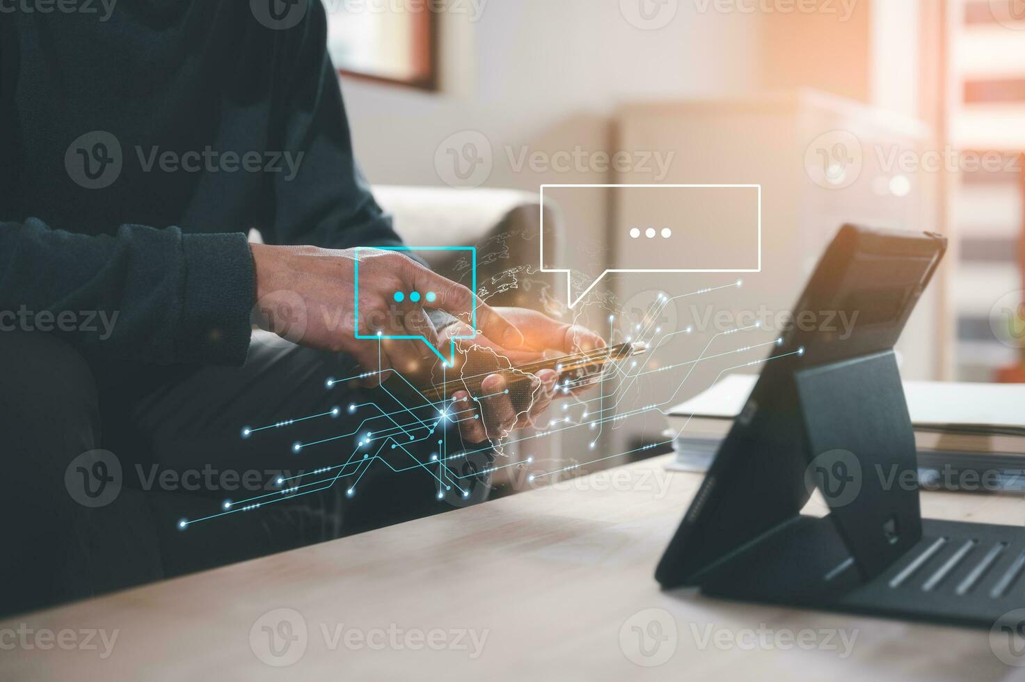 man using smartphone sending reading message chatting online, communication on internet network techonlogy, relaxing in office photo