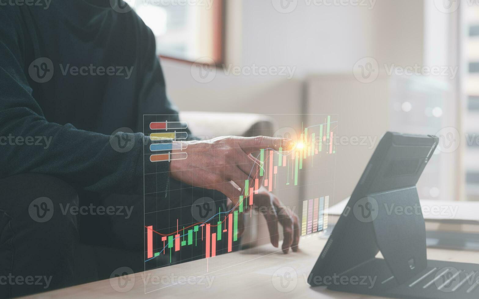 financial investment concept, businessman working on computer laptop and virtual trading graph in concept of investment business growth and marketing photo