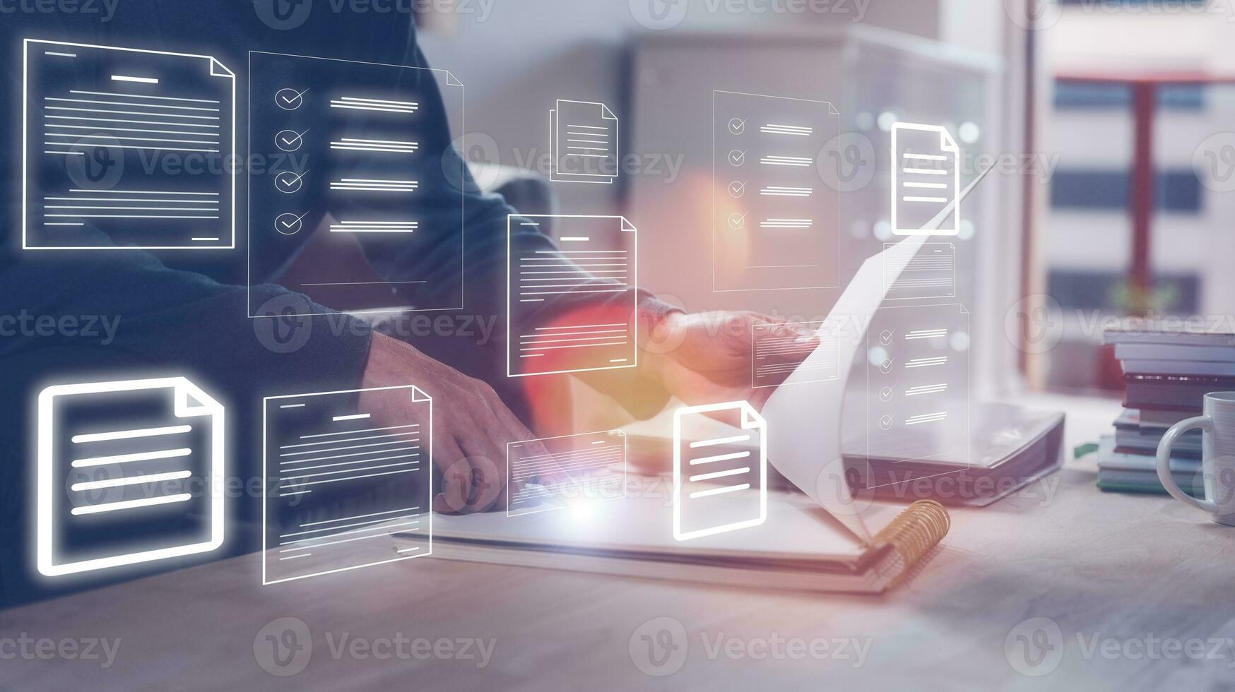 Document data system Report  HR technology Concept Businessman Manager  checking  white documents reports papers of files icon in modern office photo