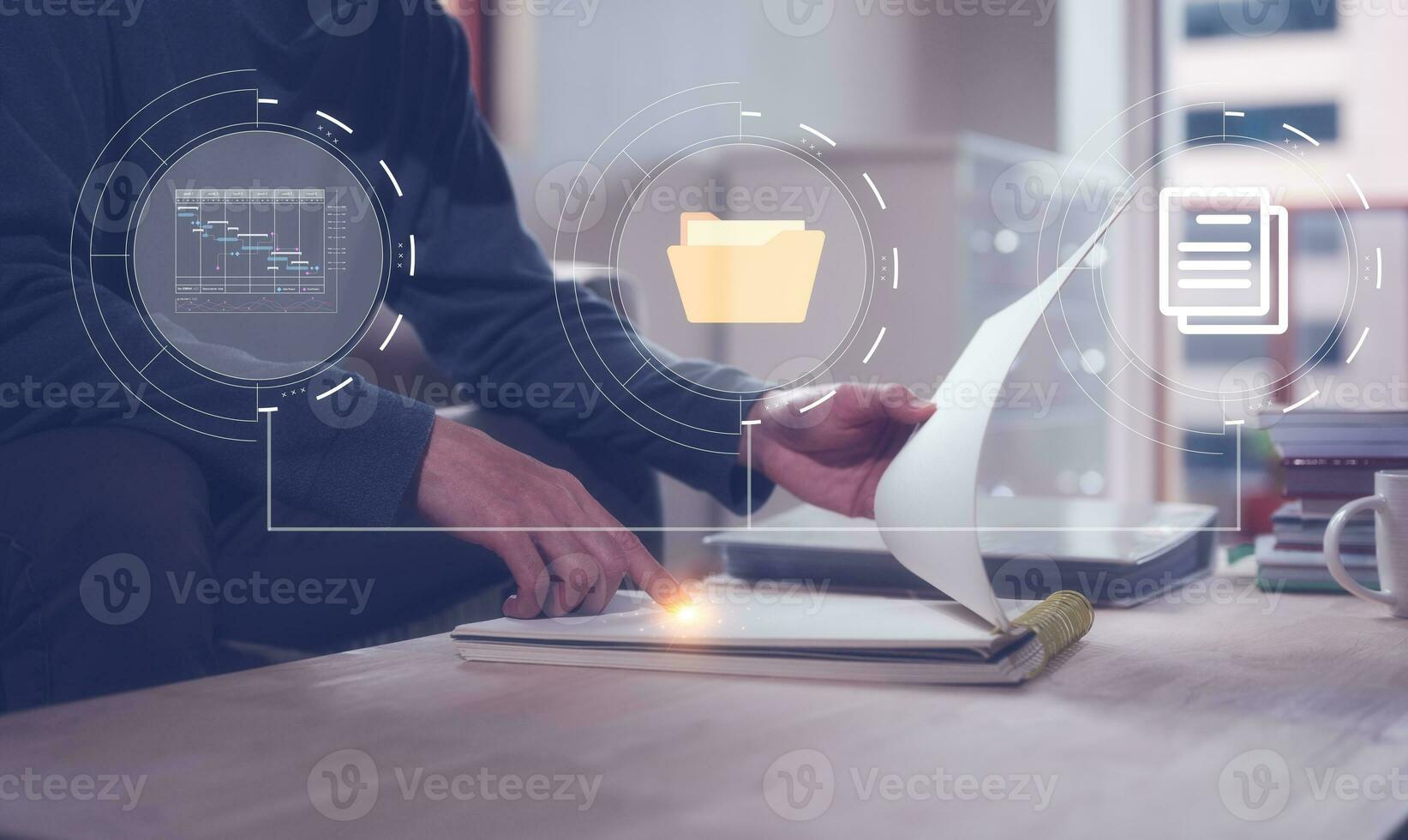 Document data system Report  HR technology Concept Businessman Manager  checking  white documents reports papers with files folder and chart icons in office background photo