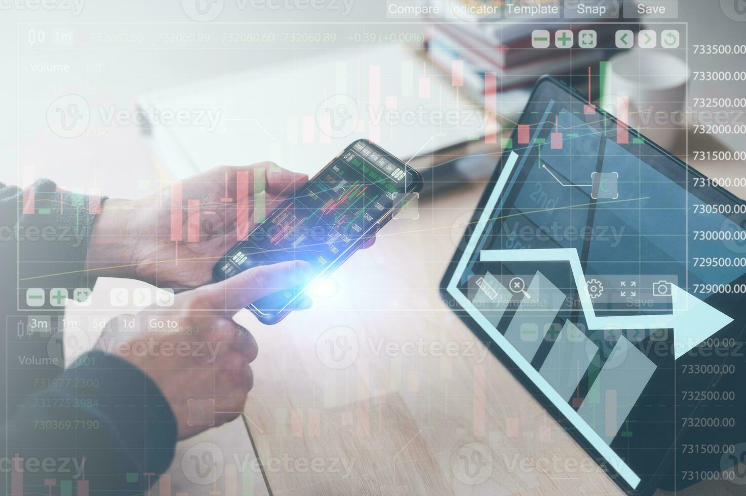 financial investment concept, businessman working on computer tablet and smartphone with virtual trading graph in concept of investment business growth and marketing photo