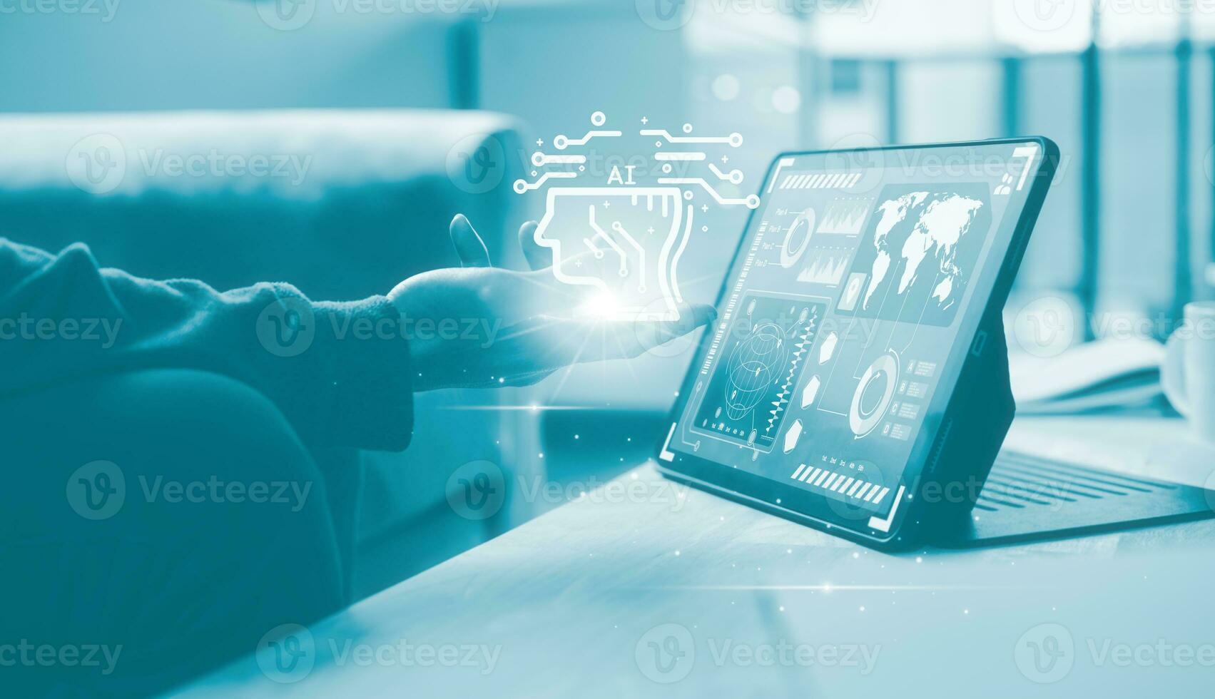 artificial intelligence Digital transformation change management, internet of things. man using computer tablet working on virtual diagram, smart industry.Ai tech photo