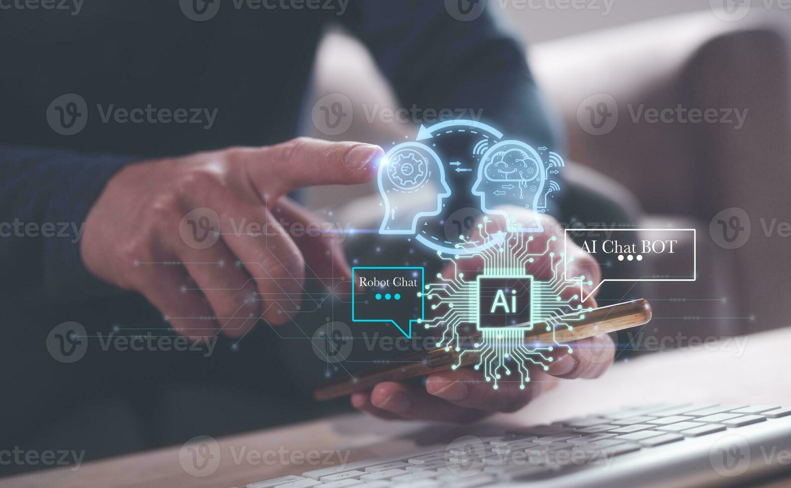 AI chatbot, man using chatbot in smartphone intelligence Ai. Chat  with AI Artificial Intelligence, developed by OpenAI generate. Futuristic technology, robot in online system. Database smart chatbox. photo