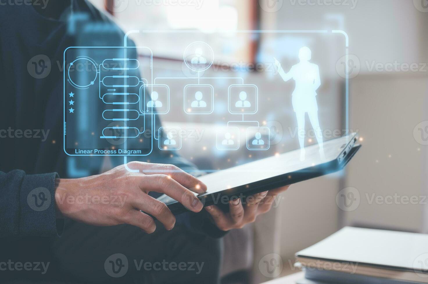 teamwork key to success in business concept, businessman using tablet analysing organisation chart, human resource management photo