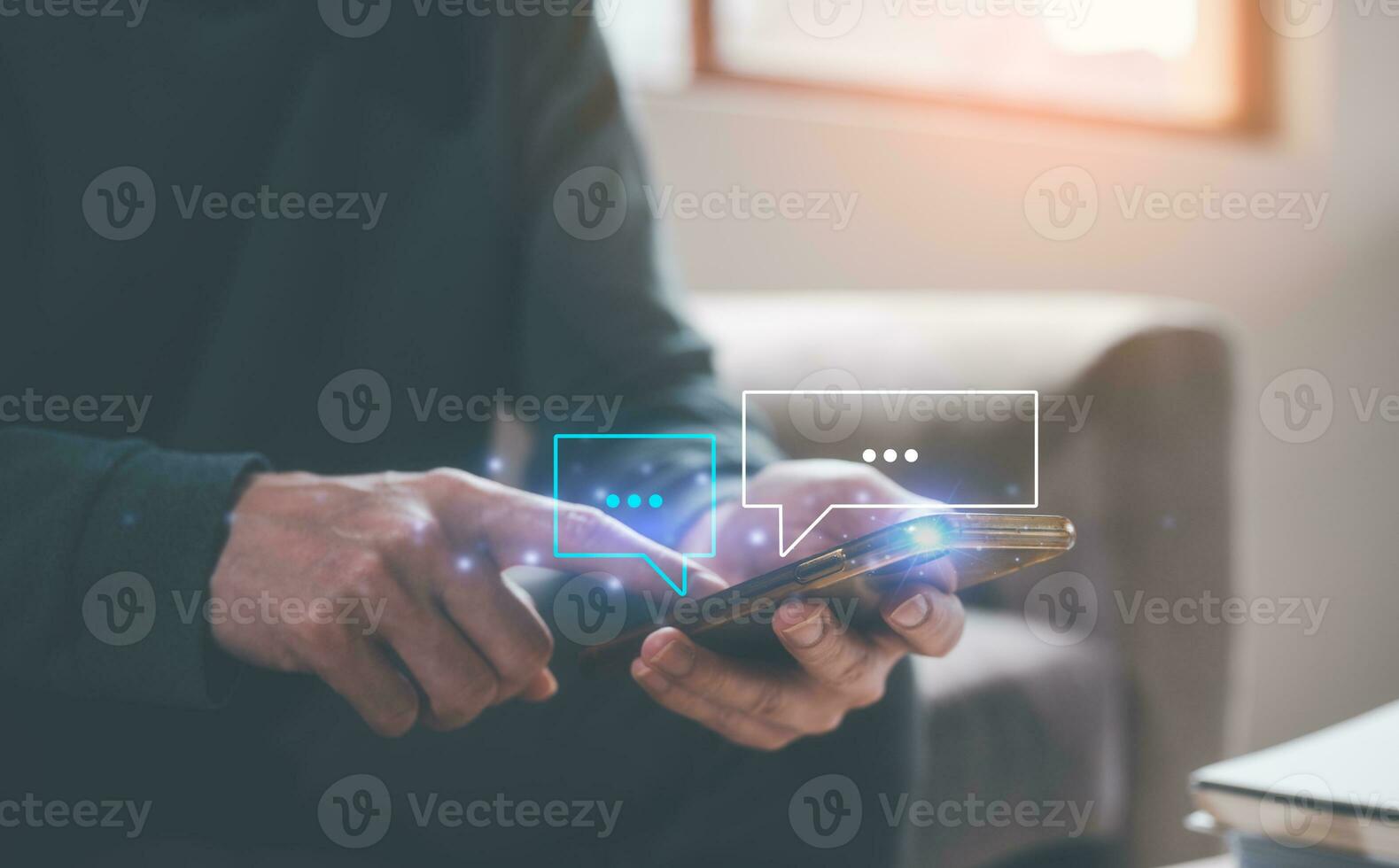 social online concept, man using smartphone chatting sending and reading text messages from internet network technology platform, social distancing, shopping, communication online photo