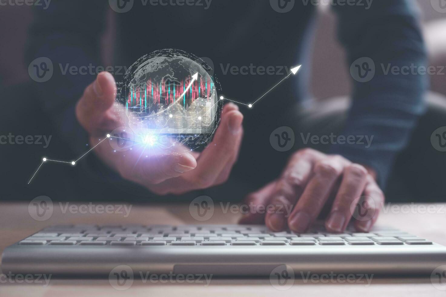 investment financial global economy concept, businessman typing on computer keyboard analysing virtual glob and trading graph, stock market trading, online business photo