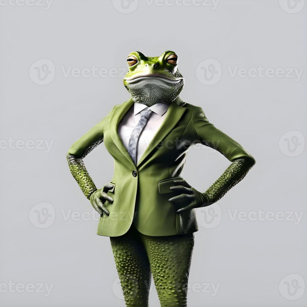 Funny business woman in green suit with frog head on gray background. photo